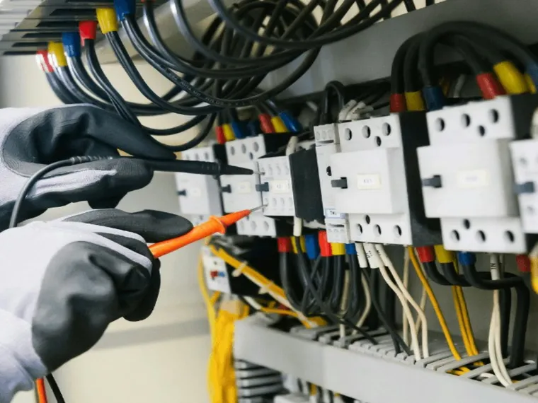 Electrician testing wiring inside a control panel